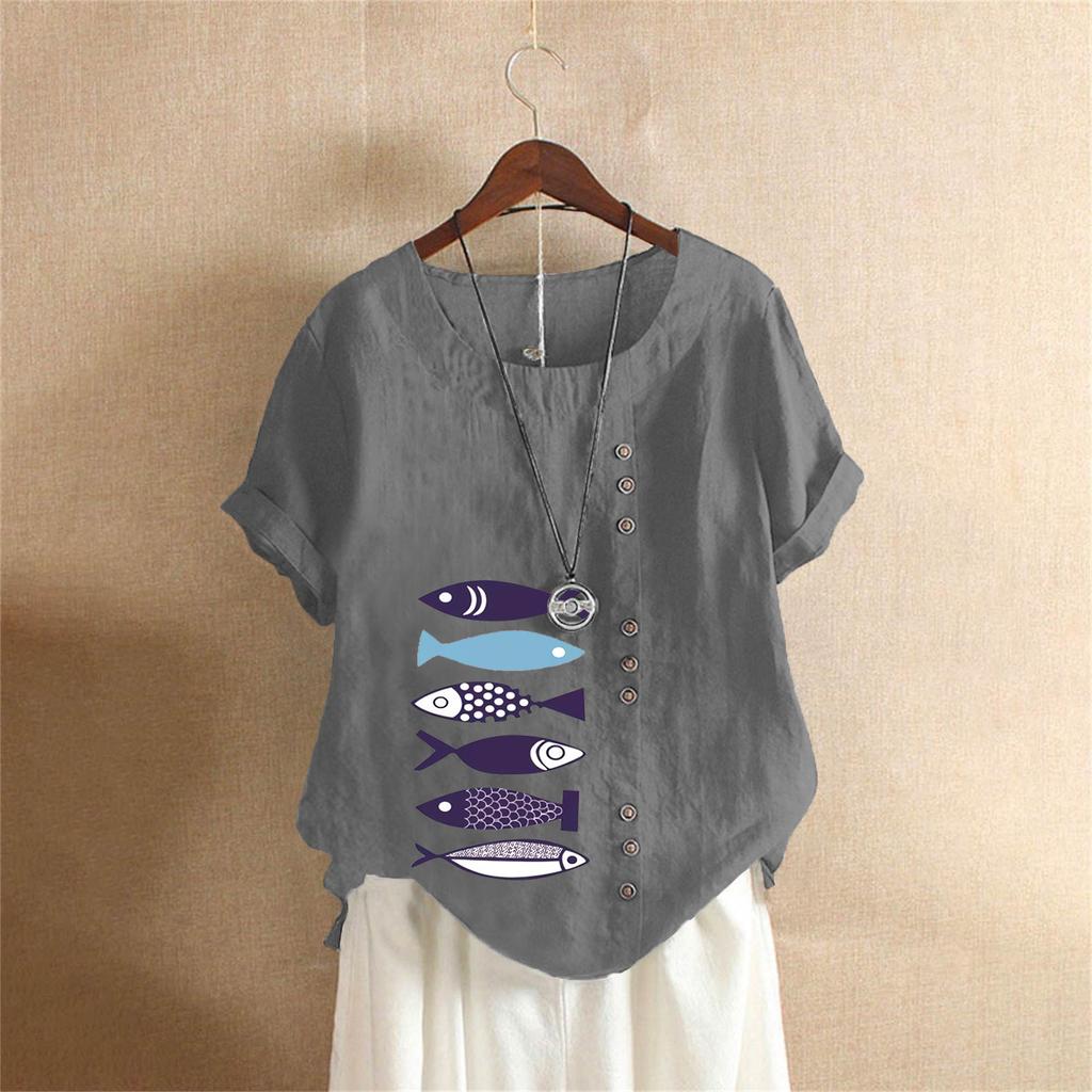 T-shirt Estiva Oversize in Cotone e Lino a Maniche Corte, Abbigliamento Donna Oversize Stampato in Cotone e Lino