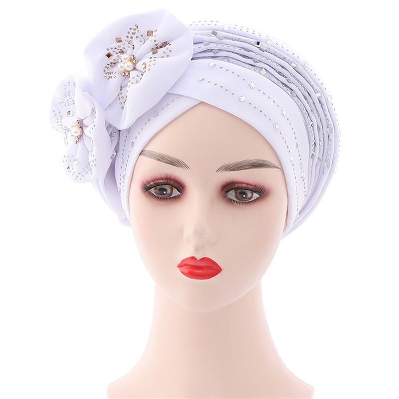 Head Wrap Turban Cap Beanie Flower Decor Rhinestone Headscarf Cap Hair Accessories