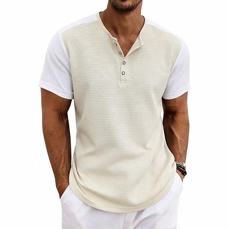 Mens Loose Short Sleeve Waffle Henley T Shirt Summer Casual Top