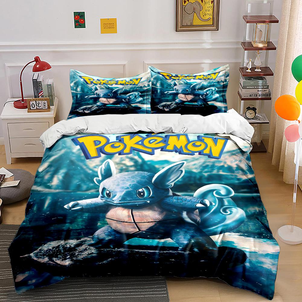 Japanese Anime Pokemon Squirtle Bedding Set Quilt 3 Pieces Duvet Cover King Queen Us Twin Size Bedclothes Kid Boy Girl Bed Decor