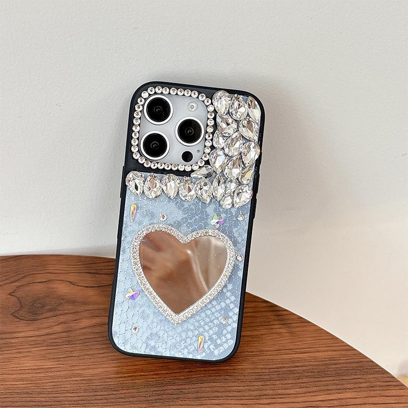 Rhinestone Love Mirror Mobile Phone Case for IPhone17promax Leather for Apple 16 Women's Model 15 Personality