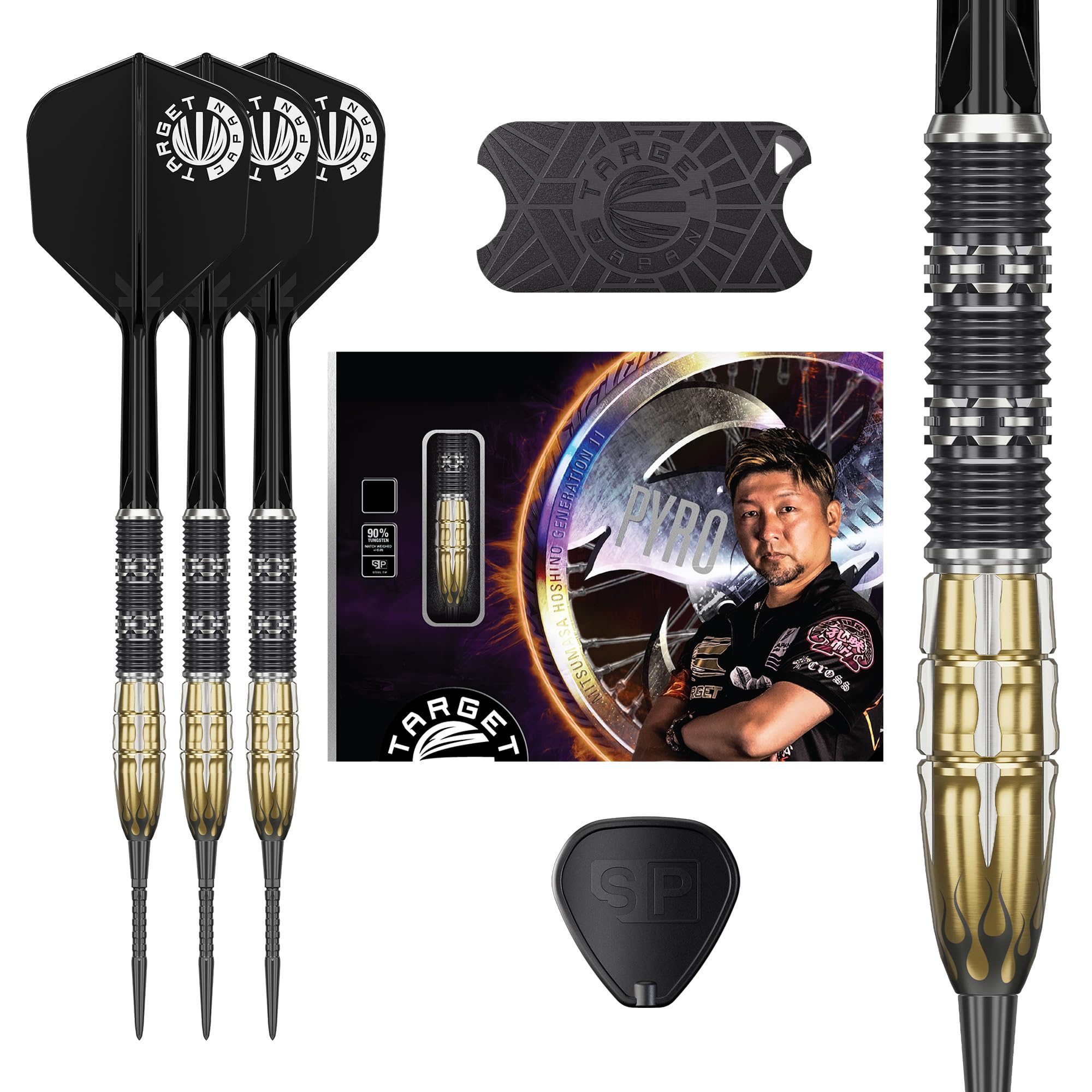 

Target Japan PYRO GEN11 Mitsumasa Hoshino 90% Tungsten Steel-Tip Darts Set, 22g, K-Flex No. 6 Shape Flights and Shafts, SWISS BLACK NANO POINT 30mm (P