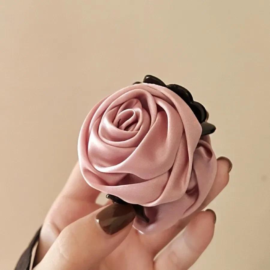 Stain Rose Flower Hair Claw Women Girls Elegant Hair Clip Back Head Shark Clip Small Flower Grip Clip Sweet Cute Fashion Hairpin