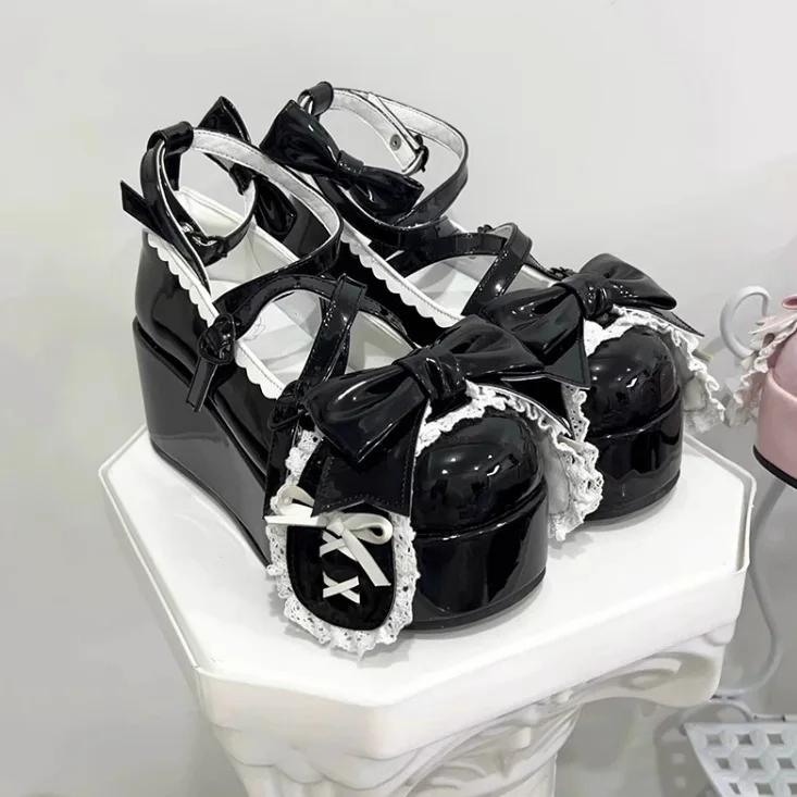 Lovely Girls Lolita Cute Bowknot Platform Shoes Sweet Rabbit Ears Monk Straps Flat Elevator Shoes Mary Janes