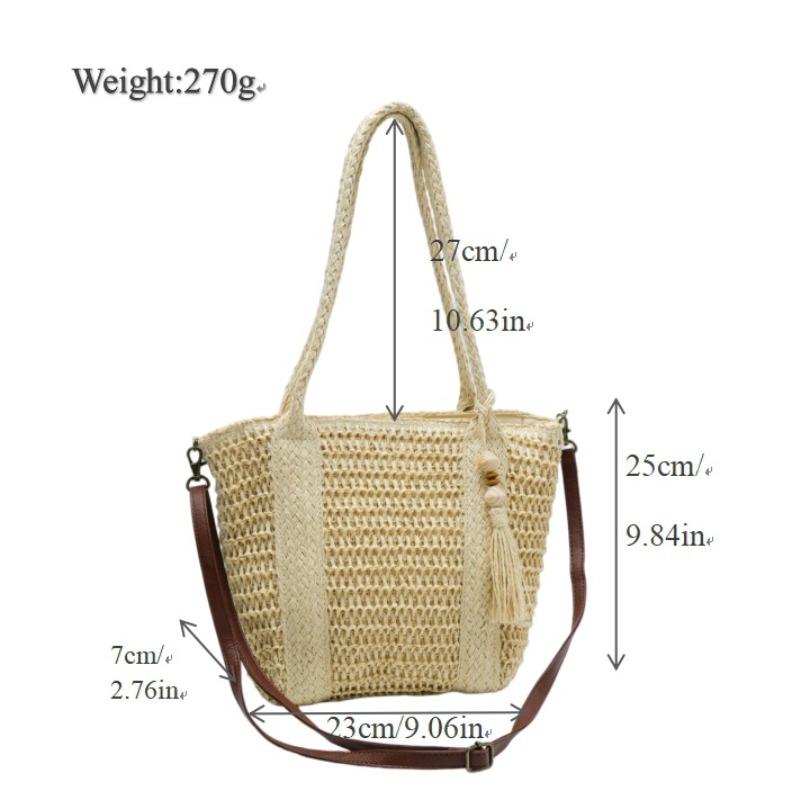 One Shoulder Crossbody Straw Woven Bag Fringed Handmade Zipper Woven Bag Large Capacity Seaside Vacation Beach Tote Bag Women