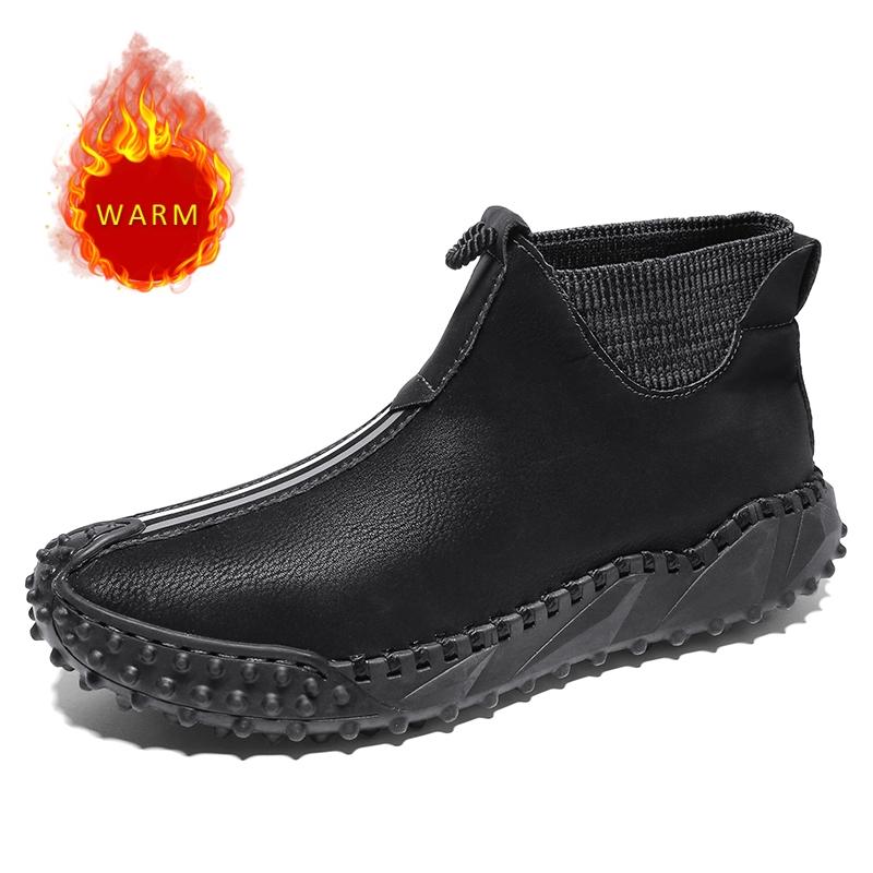Handmade Soles High Top Shoes Hiking Shoes Warm Plush Men's Casual Shoes Wear-resistant Men's Genuine Leather Casual Shoes