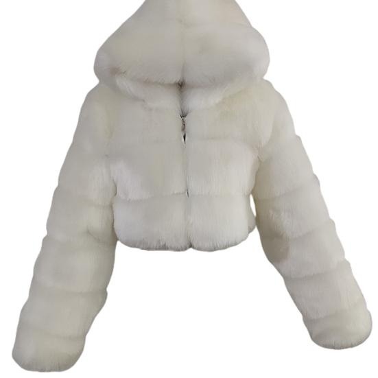 Casaco de pele sintética com capuz e zíper feminino cor sólida quente patchwork manga comprida casaco