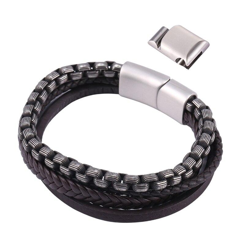 Lucky Vintage Men's Leather Bracelet Black Brown Charm Multilayer Braided Women Pulseira Masculina