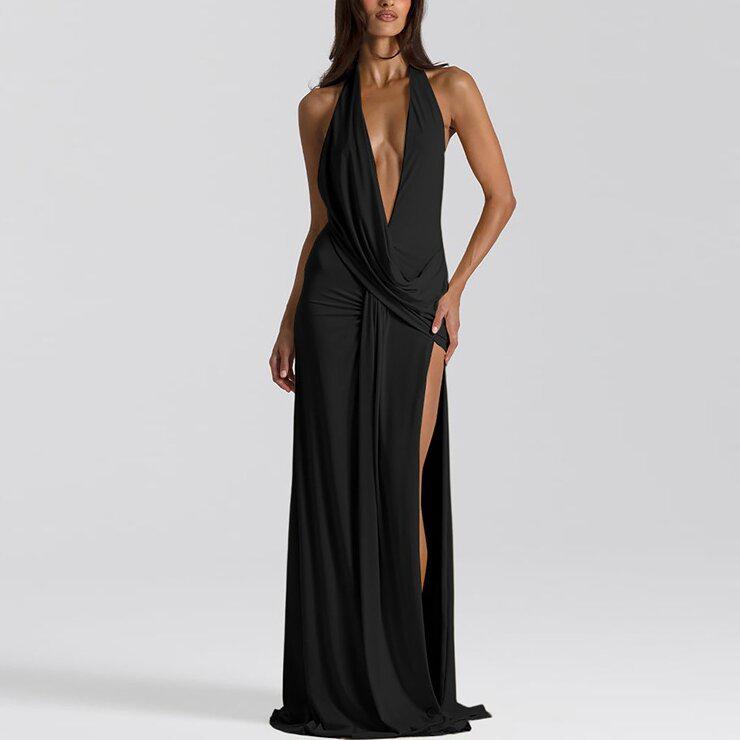 2025 Summer Fashion Deep V Halter Pleated Open-Back Slit Dress for Women