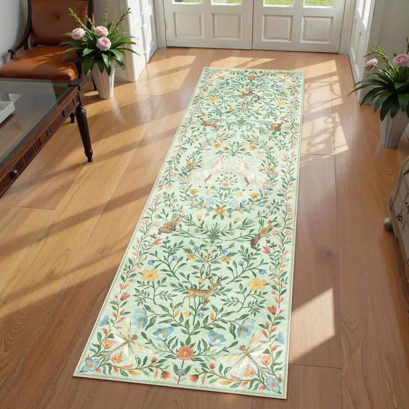 Vintage Forest Creature Floral Long Runner Rug Dark Green Nature Scenic Animal Pattern Non Slip Hallway Bedroom Decor Mat