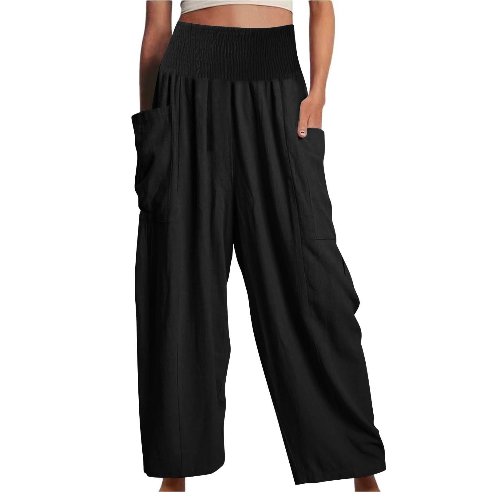 

Women s Summer Elastic Band Solid Color External Pocket Decoration Cotton And Linen Loose Pants XXL чёрный