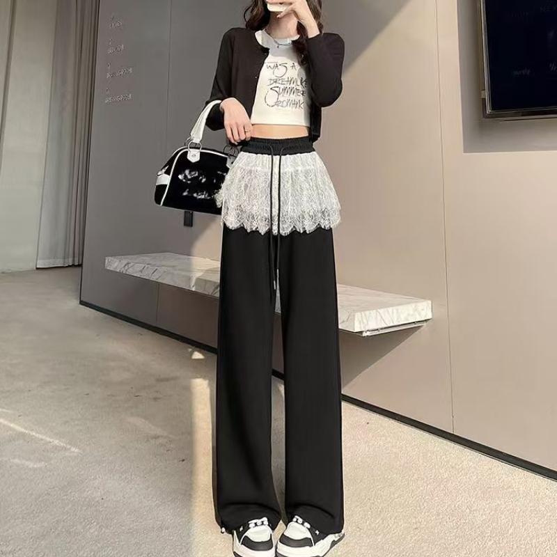 Kalhoty se širokými nohavicemi s krajkovou nášivkou v baletním stylu pro ženy jaro/léto vysoký pas stahovací šňůrka rovné ležérní sportovní tepláky dlouhé kalhoty