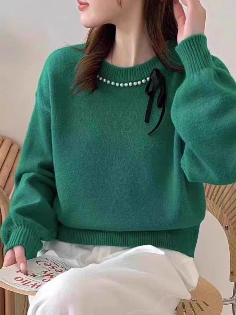 Autumn and winter new bow bead knitted sweater women's versatile solid color pullover soft waxy sweater top women