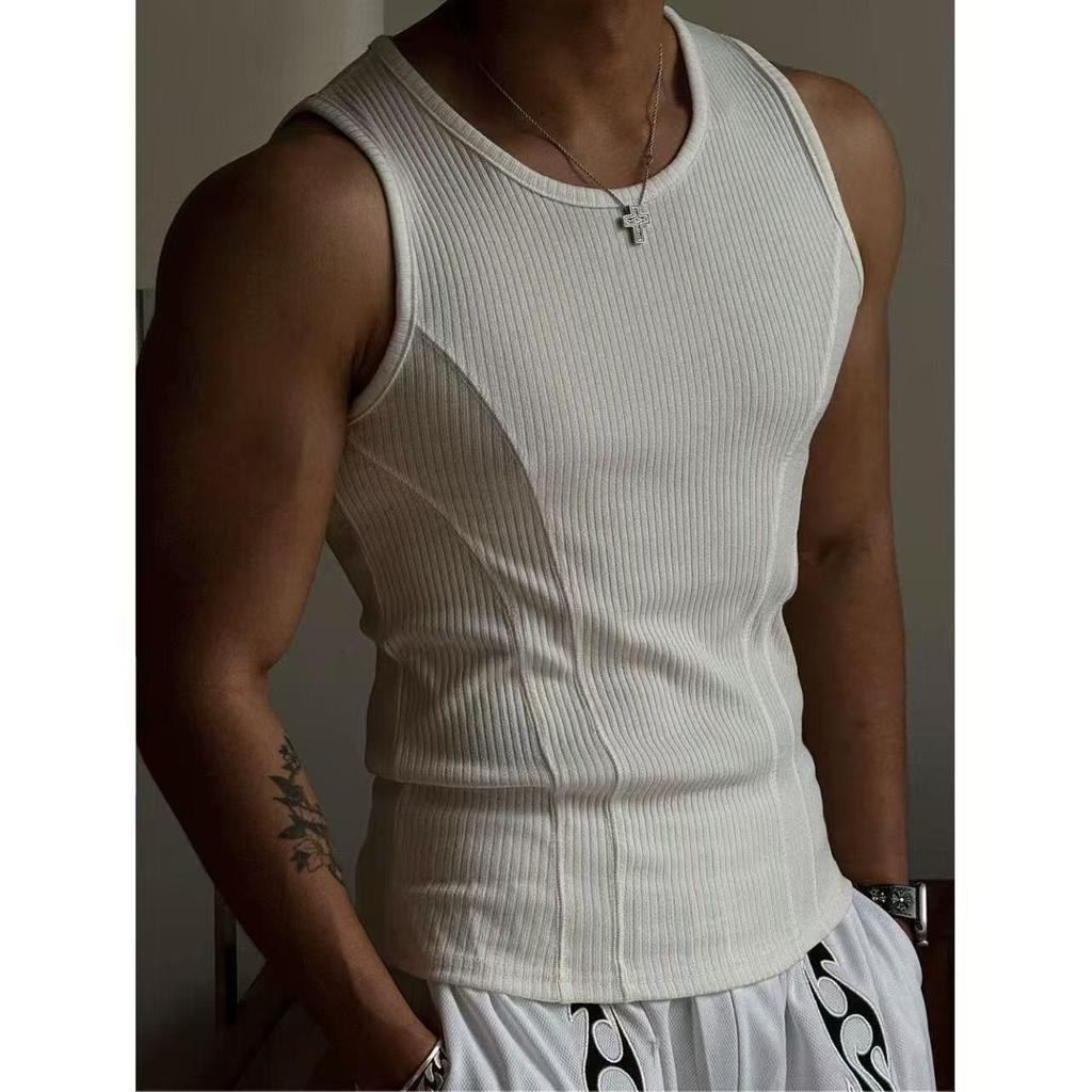 Men's Summer Coarse Rib Spliced Tank Top: Tight-Fit, Elastic, Breathable, Sweat-Absorbent Sportswear