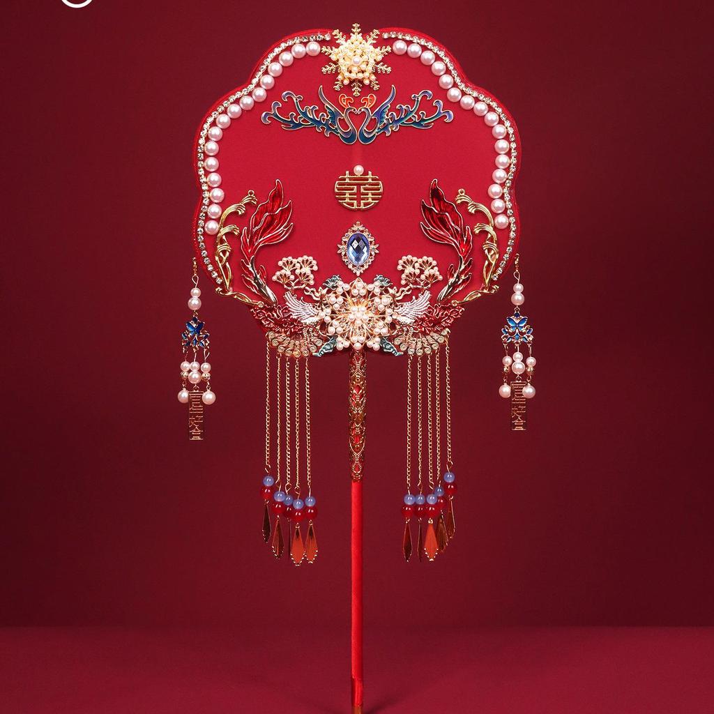 Chinese Wedding Fan DIY Kit: Round Red Bride Xiuhe Face Covering Happy Fan