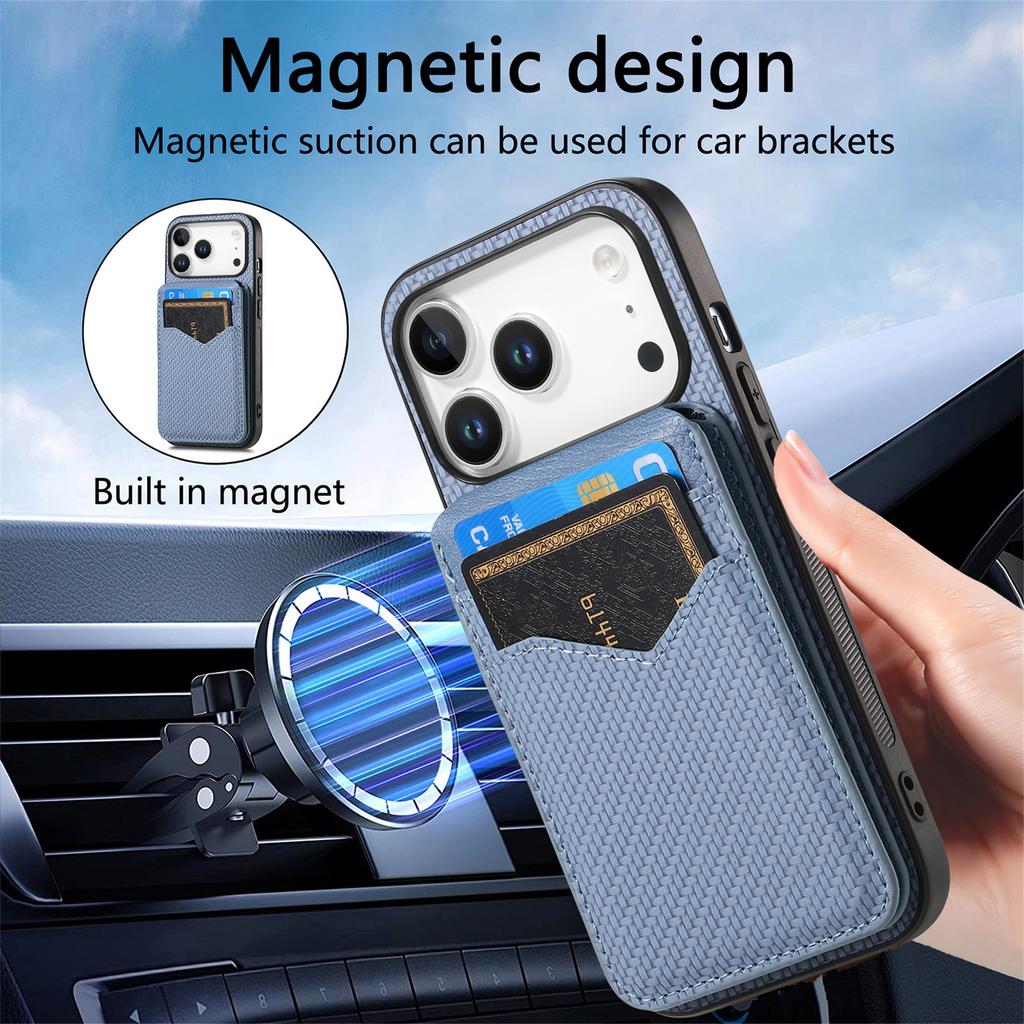 For iPhone 17 Pro Magnetic Case Carbon Fiber Texture Back Cover with Detachable Card Holder