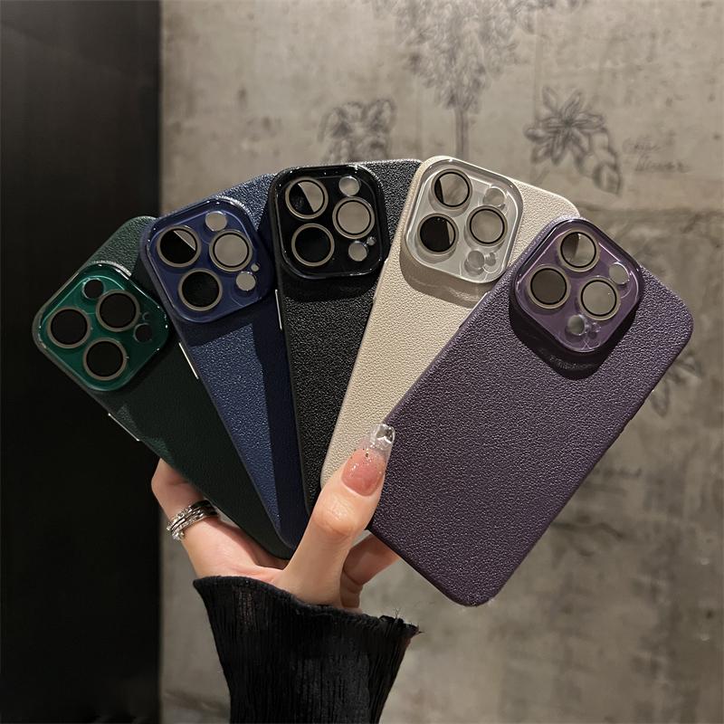 Crystal Glass Lens Protection Lychee Textured Leather Case for iPhone 15 Pro Max 14 13 12 Shockproof Protection Hard PC Cover