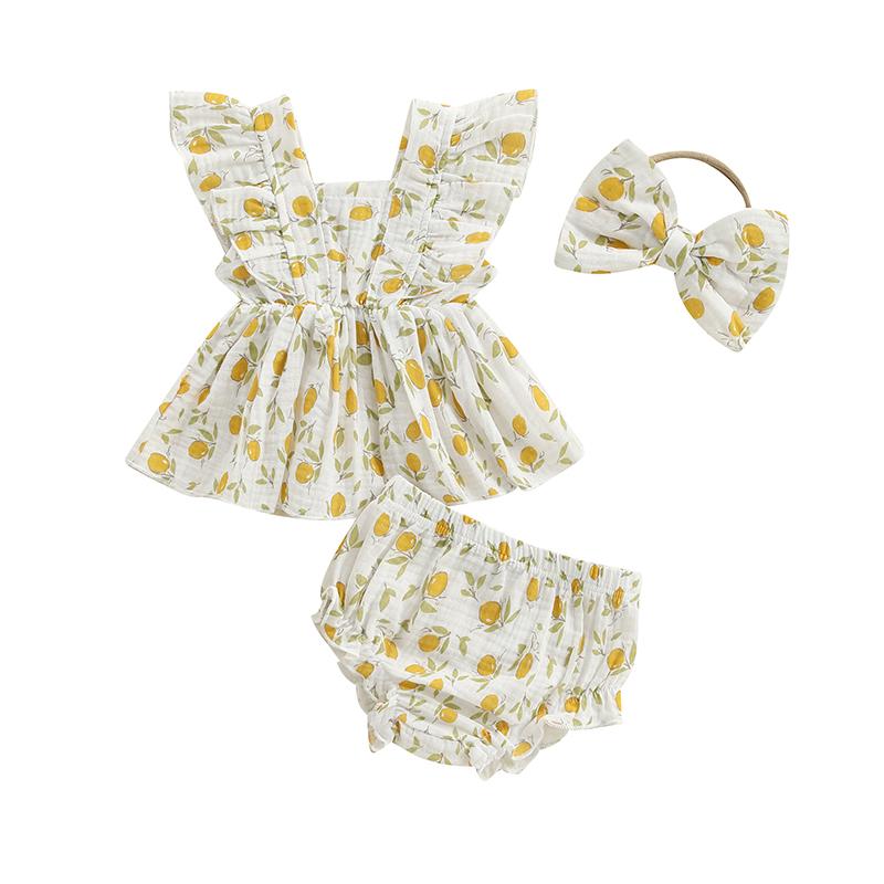 Newborn Baby Girl Summer Outfits Strawberry/Cherry/Lemon Print Fly Sleeve Tops Elastic Waist Shorts Headband 3Pcs Clothes Sets