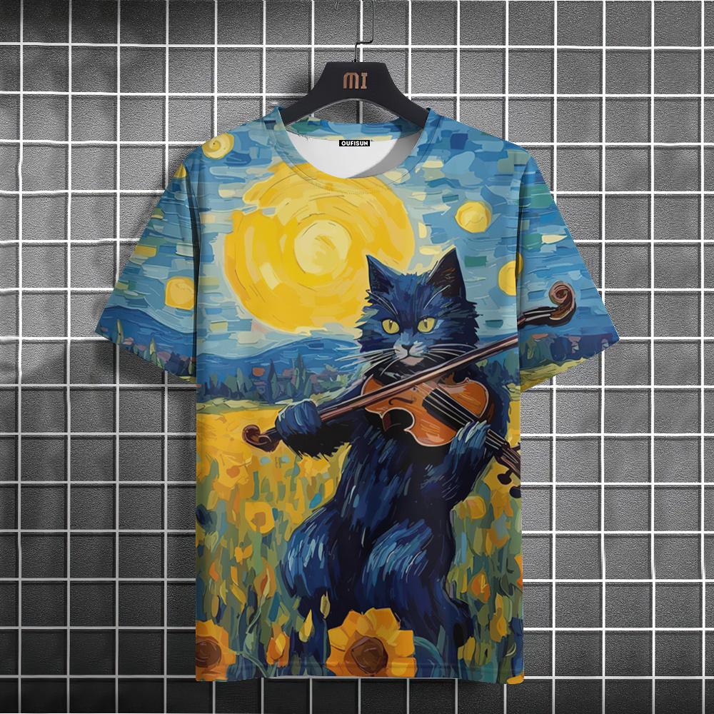 Oil Painting Cat Pattern T-shirt Short-sleeved Top
