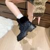 Fourrure Léopard Bottines Chunky Femme Daim Mode Talons Moyens Chaussures de Marche 2024 Hiver Nouvelle Marque Courtes Peluche Neige Botas Mujer