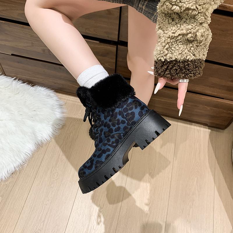 Fourrure Léopard Bottines Chunky Femme Daim Mode Talons Moyens Chaussures de Marche 2024 Hiver Nouvelle Marque Courtes Peluche Neige Botas Mujer