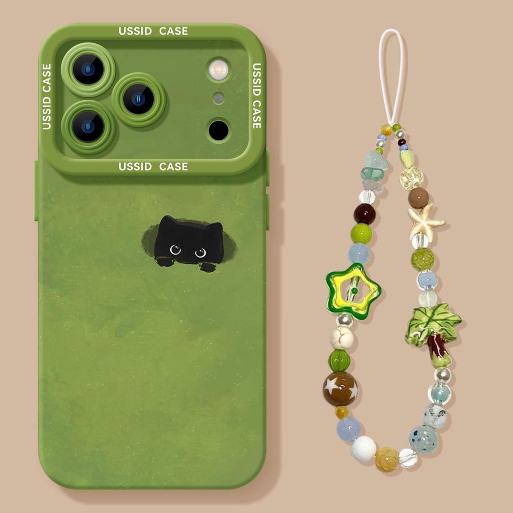 Green Silicone Spring Cat Phone Case with Lanyard, Compatible with iPhone 13, 14, 15, 16 Pro Max, and 17.