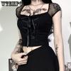 Vintage topper Goth T-skjorte Dame Bodycon Bandasje Blonder Svarte T-skjorter Gothic Streetwear Sexy Dame Topp Uformell Mesh Tee