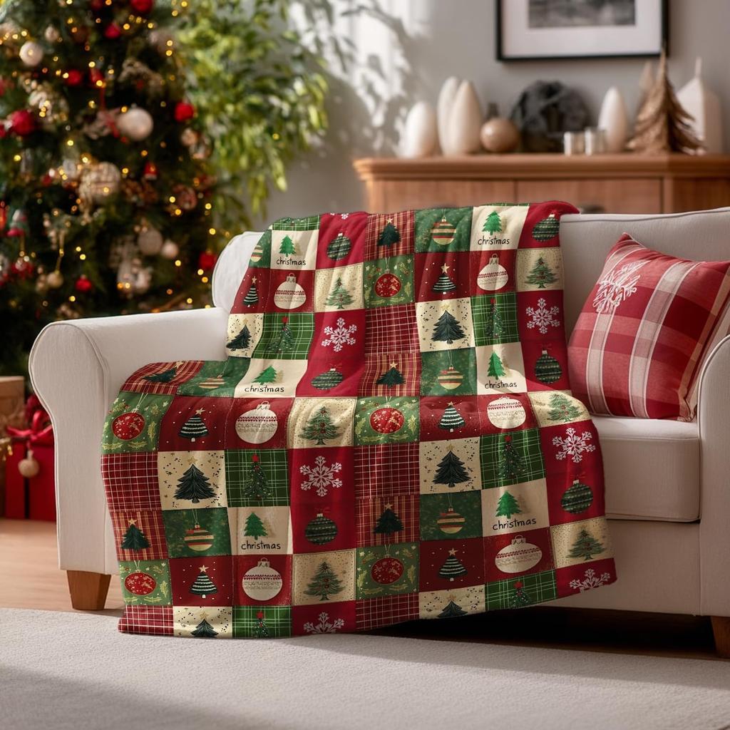 Christmas Flannel Blanket Throw Red Green Checkered Tree Blankets for Couch Sofa Bed Lounging Gifts for Kids Adults Wife Self