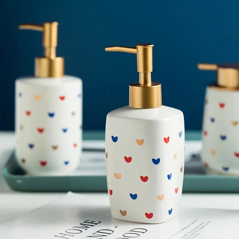 Cute Heart Print Soap Dispenser Ceramic Bathroom Accessories Hand Sanitizer Shampoo Body Wash Lotion Refillable Pump Bottle