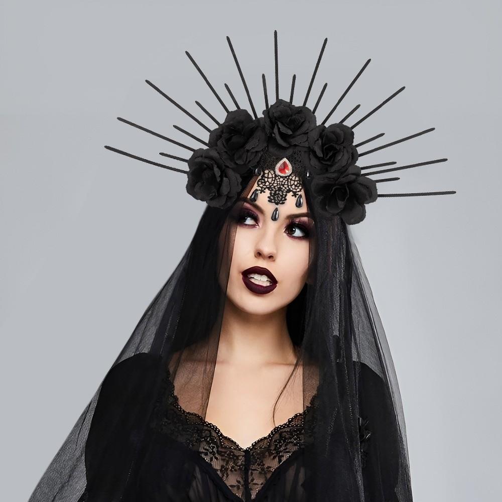 Gothic Halloween Headband Rhinestone Bride Hairband Headdress Veil Headband  Girl