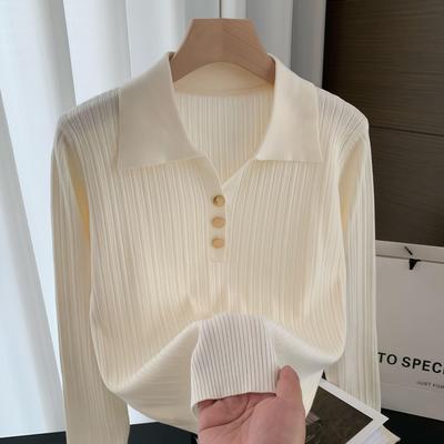 Women's Off-White Turn-Down Collar Knitted Sweater - Long Sleeve, Casual, Lightweight for Spring/Autumn.