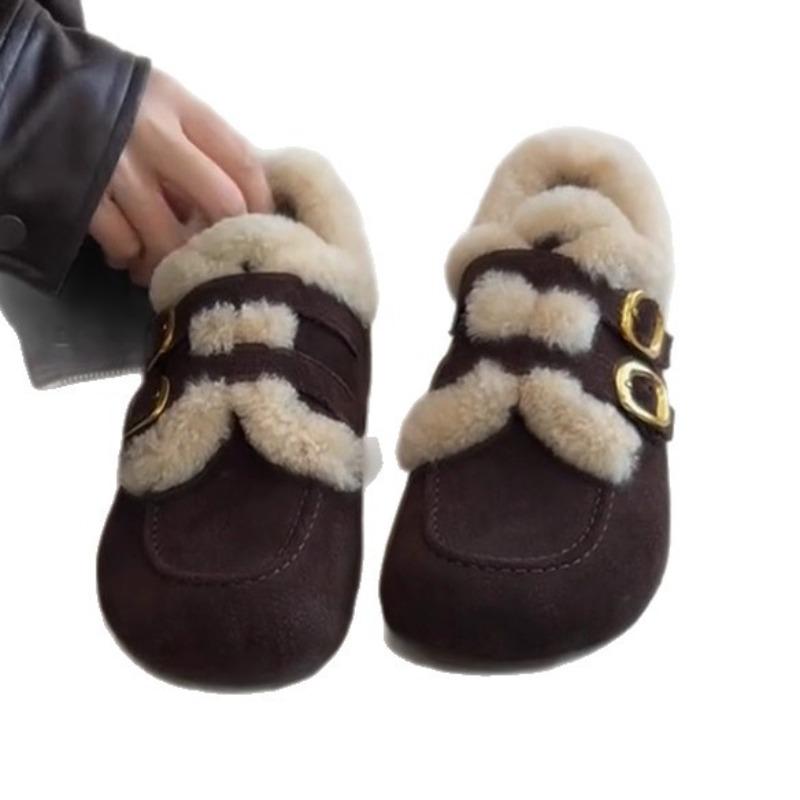 Retro Insole Height-increasing Shoes for Women, Round-toed Fleece Cotton Shoes