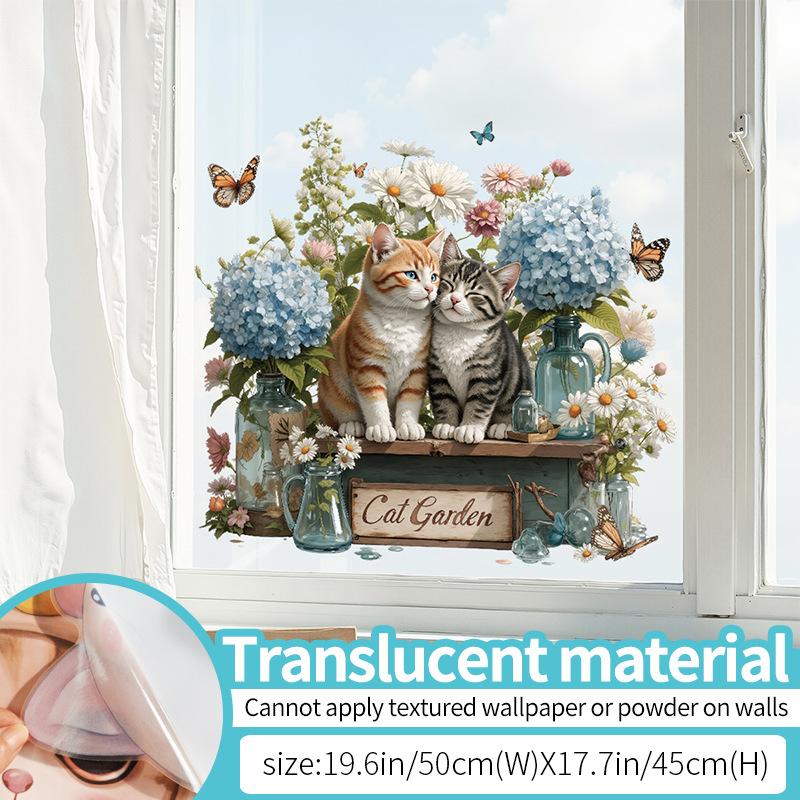 

Floral Cat Butterfly Spring Static Cling Window Sticker Removable Self-Adhesive for Cafe Shop Window Glass Door Home Decor Art 45x50cm разноцветный