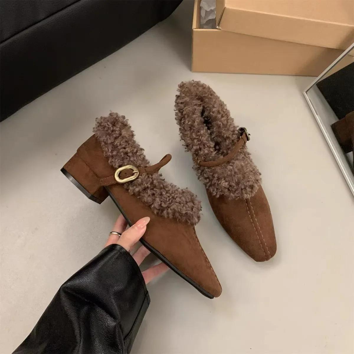 

Fashion 2025 Mary Janes Elegant Metal Buckle Woman Chic Brand Design Fur Women Low Heel Dress Shoes Ladies Winter Warm Plush Belt Pump 40