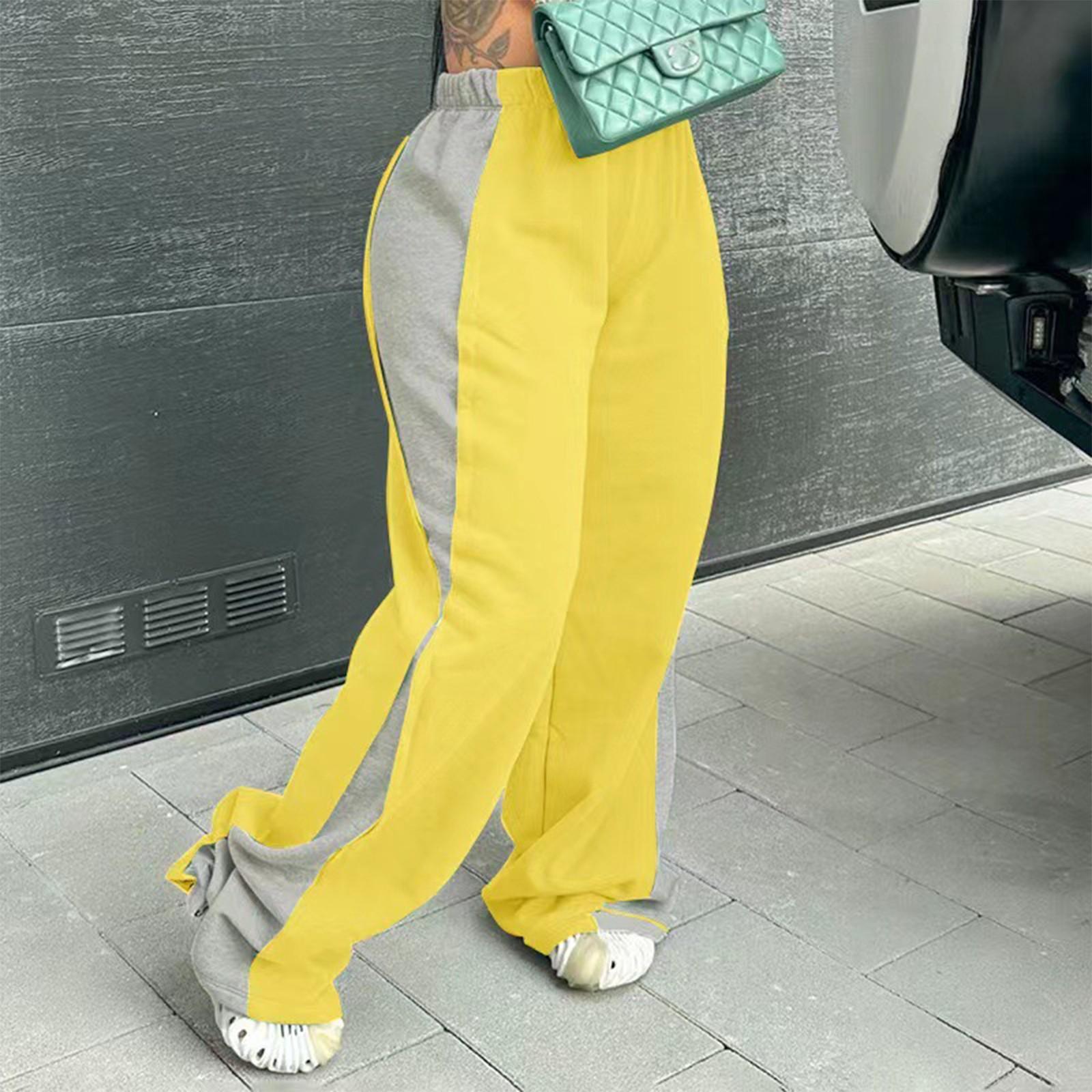 

Women s Fashionable Color Blocked Elastic Waistband Versatile Straight Leg Casual Sweatpants Pants S жёлтый