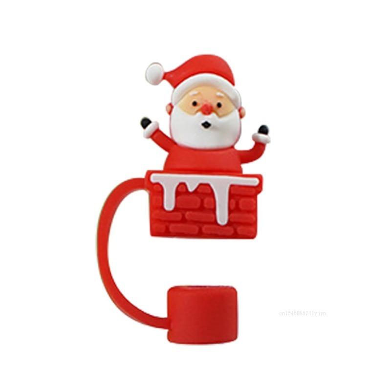 Christmas New Silicone Straw Cover 10mm Large Diameter Reusable Straw Tips Cartoon Cute Holiday Gift Dust Cap Party Xmas Decor