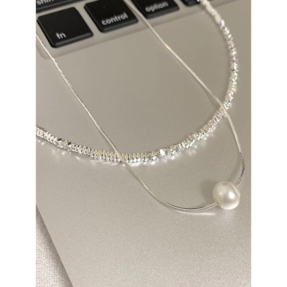 Silver-dusted Freshwater Pearl Double-layered Layered Necklace, Collar Chain, Elegant and Cool Style Neck Chain