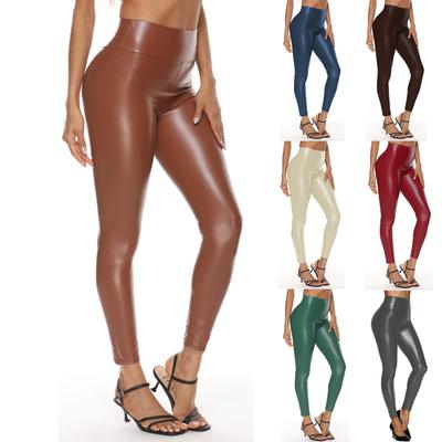 Women's Solid Color High Waisted Four Side Elastic Hip Lifting Sexy Leggings Leather Pants