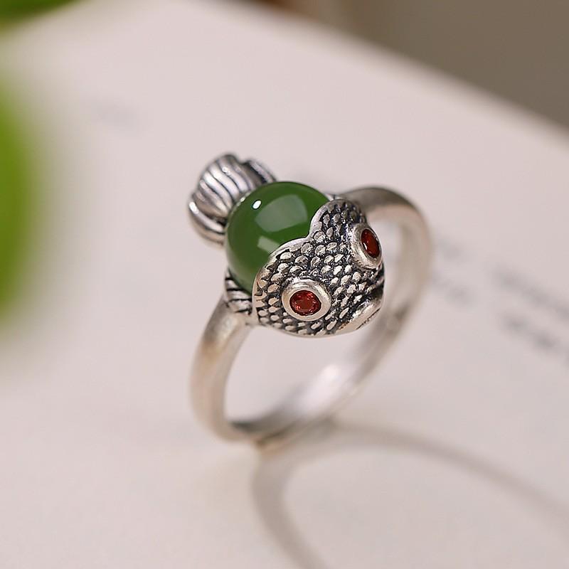 S925 Sterling Silver Hetian Jade Year After Year Fish Design Women s Emerald Ring