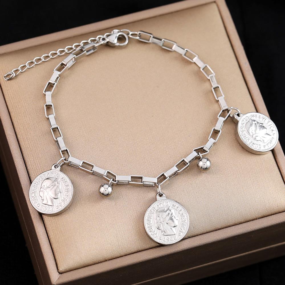Stainless Steel Bracelets Grunge Gothic Queen's Portrait Coin Pendants Exquisite Charms Bracelet For Women Zircon Party Gifts