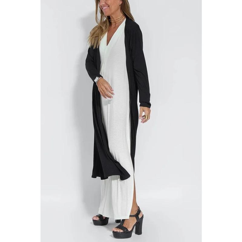 Moda Primavera Estate Cardigan Monocolore Manica Lunga Donna Lento Casual Stile Lungo Spacco Cappotto Signora Elegante