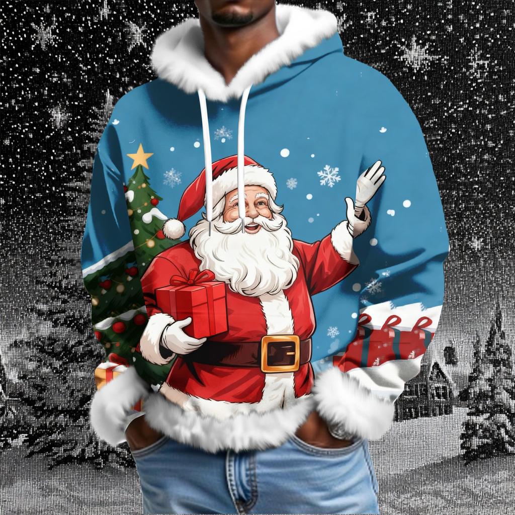 Men's Christmas Printed Lined Hoodie | Faux Trim Party Sweatshirt With Pocket | Plus Size Loose Fit Holiday Pullover