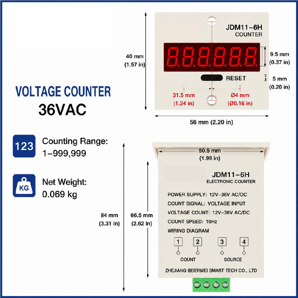 JDM11-6H 6 Digit Digital Counter LED Display Electronic Totalizer Industrial Panel Mount Counter Power Failure Memory 12-380V 1