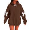 Women's Solid Color Bow Long Sleeved Loose Fitting Headband With Rope Hooded Sweatshirt Top