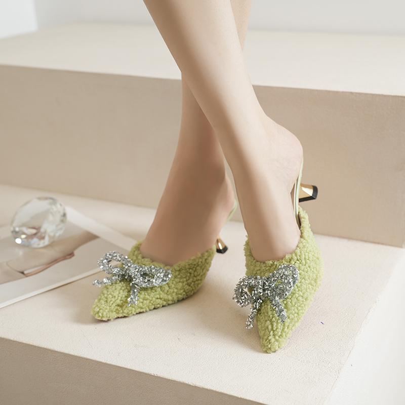 

Модные сандалии и шлепанцы Лето 2025 Новая женская обувь Обувь с закрытым носком Французские полусабо Высокие каблуки 40 светло-зеленый