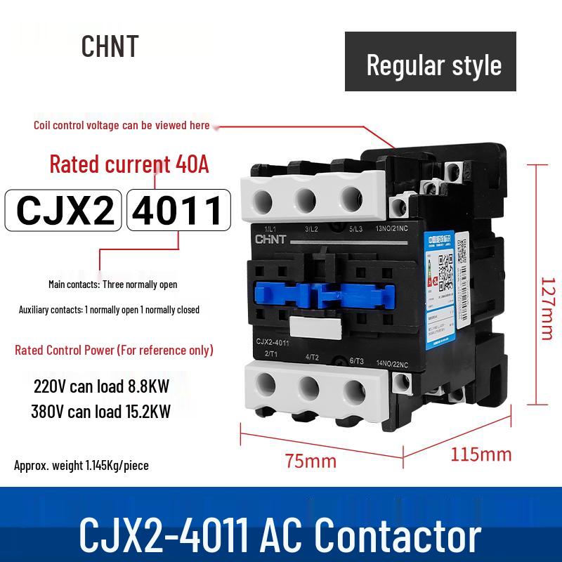 Zhengtai NXC AC Contactor 09-32A, Three-Phase 380V/Normally Open, Single-Phase 220V/Normally Closed, CJX2