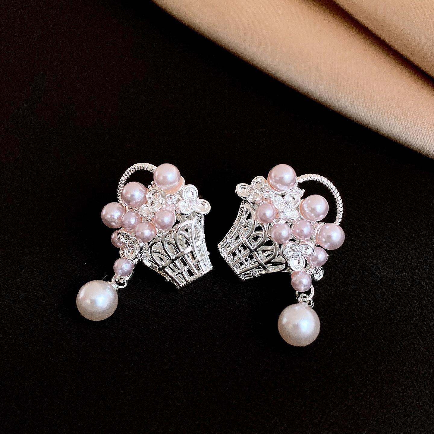 French Vintage Flower Basket Pendant Pearl Stud Earrings Necklace Clavicle Chain Sweet Jewelry Set Women