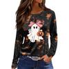 Women's Fashion Long Sleeve Top with Halloween Print and Side Slits, Round Neck