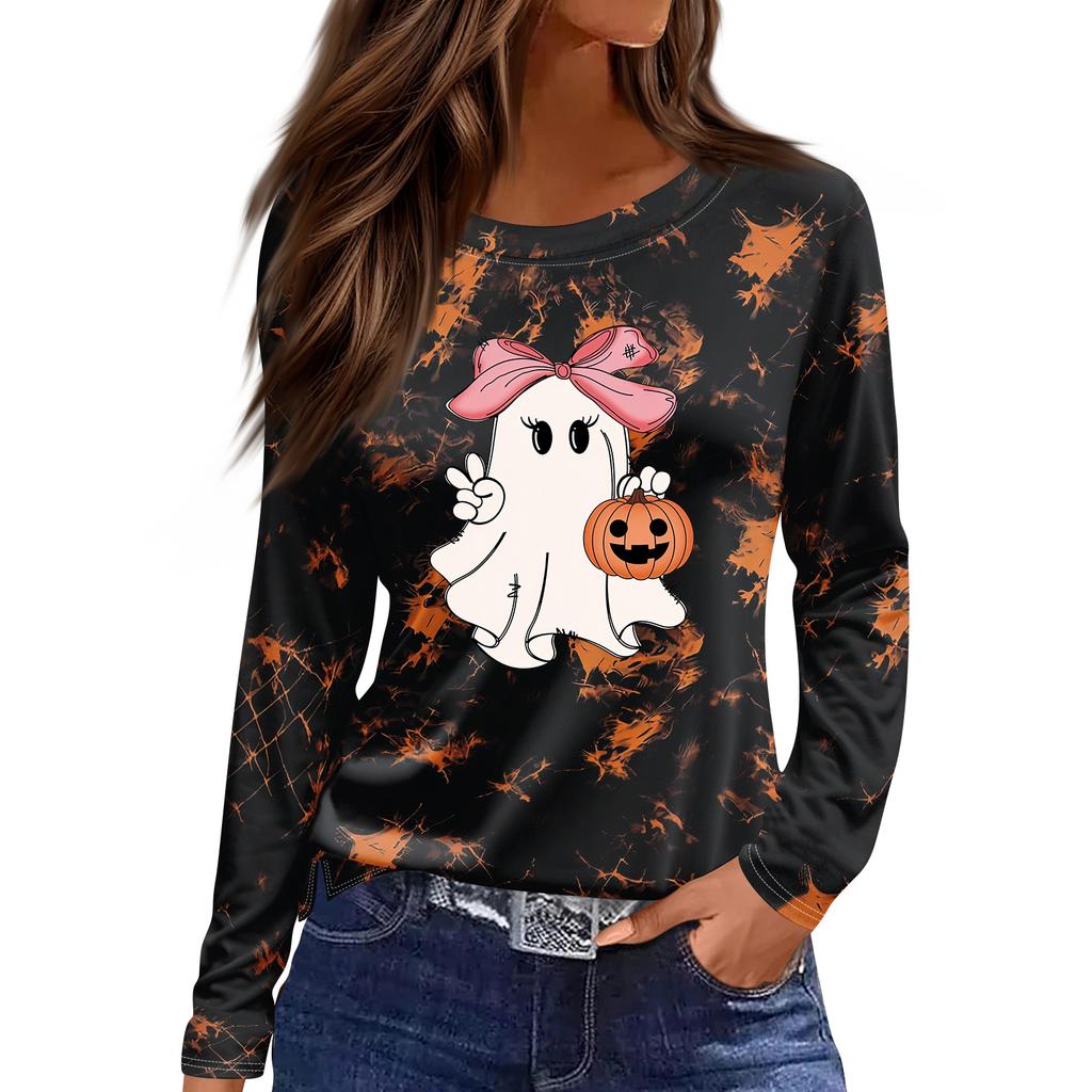 Women's Fashion Long Sleeve Top with Halloween Print and Side Slits, Round Neck