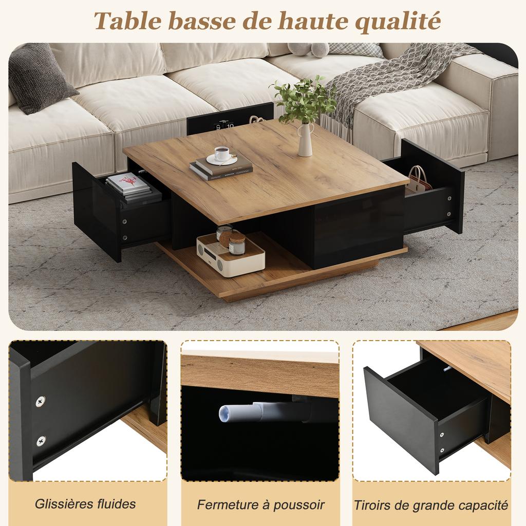 70 x 70 x 31.5cm Coffee Table with 3 Drawers, High-Gloss, Sofa/Side Table, Suitable for Small Rooms, Black + Original Wood Color